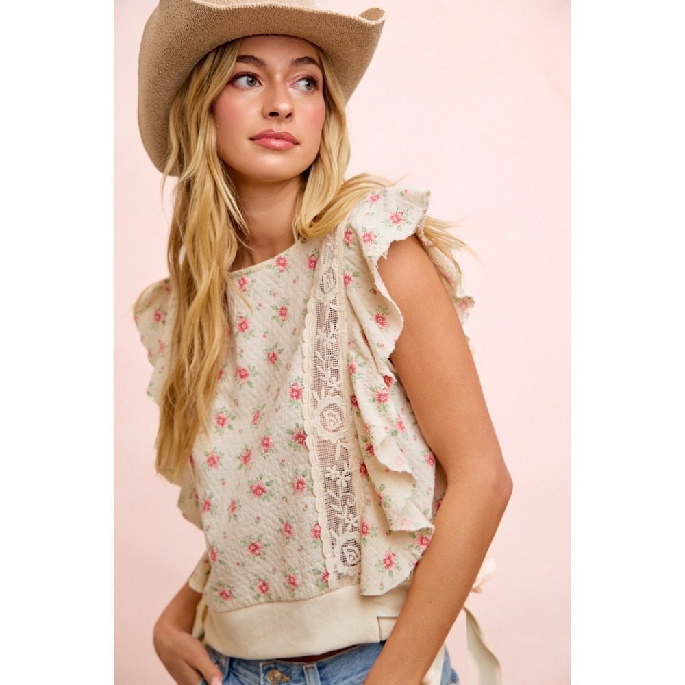 BiBi Flower Printed Ruffle Sleeve Trim Detail Top - Red Flower - Large - Picture 8 of 16